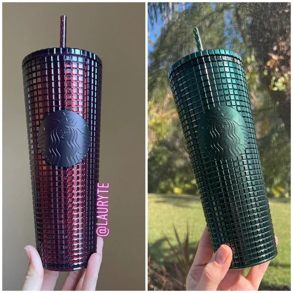 Starbucks Glitter Hunter Green Grid and Burgundy Red Grid Tumbler Bundle